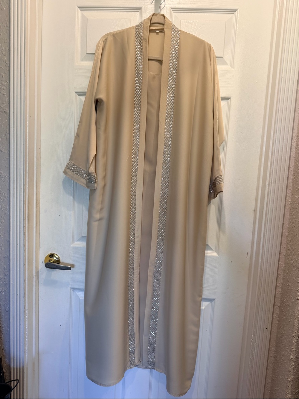 Elegant Beige Open Abaya Cardigan with beaded Shimmering Silver Trim